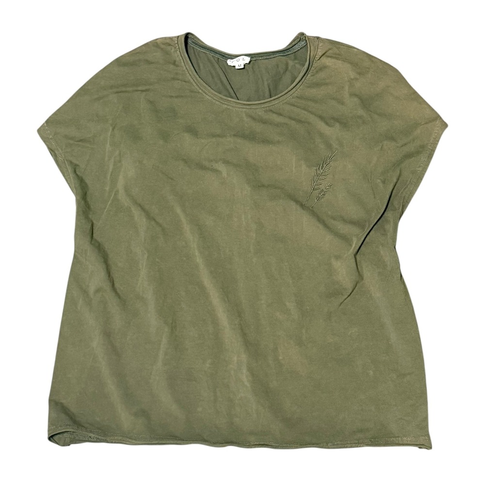 POL Olive Green Boxy Embroidered Lace Up Back T-Shirt Washed Green Medium